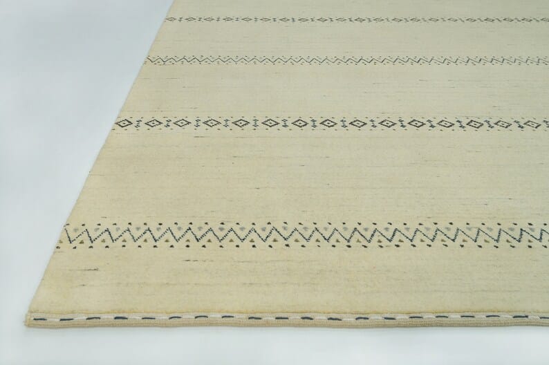 Premium Hand-Knotted Gabbeh Wool Rug - Minimalist Cream Ivory Striped Carpet