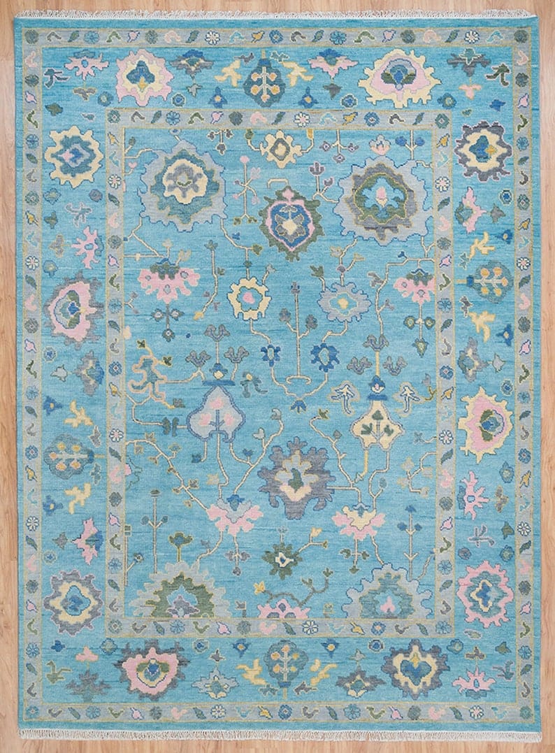 Premium Hand-Knotted Oushak Wool Rug - Pastel Blue & Pink Floral Turkish Style Carpet - Custom Size Rug for Living Room & Bedroom