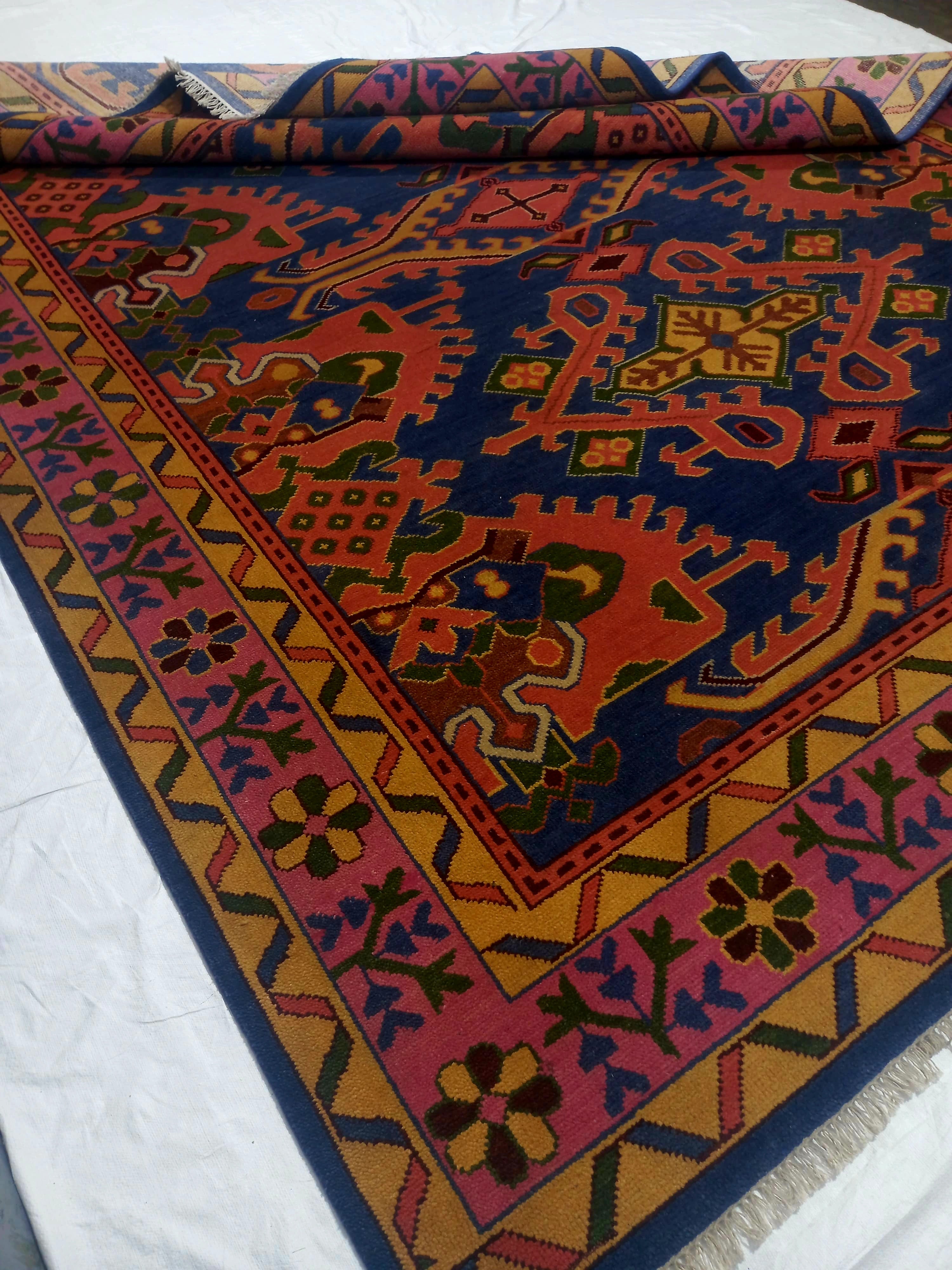 Premium Hand-Knotted Heriz Serapi Wool Rug - Royal Blue & Terracotta Geometric Carpet - Custom Size Traditional Area Rug for Living Room & Dining Space