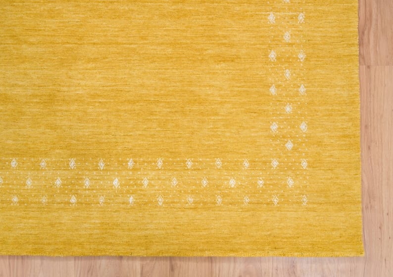 Premium Hand-Knotted Gabbeh Wool Rug - Minimalist Golden Mustard Yellow Carpet