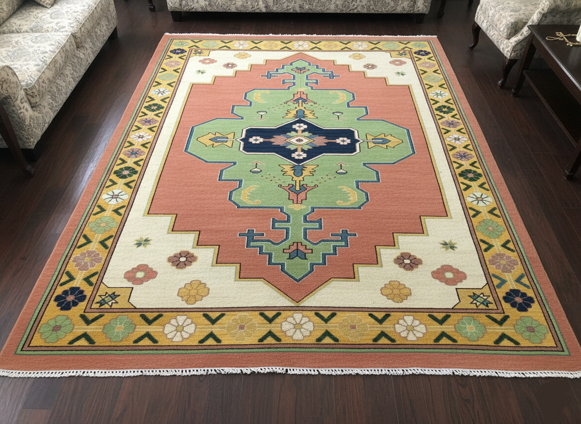 Premium Hand-Knotted Oushak Wool Rug - Vibrant Teal Blue & Terracotta Turkish Style Carpet - Custom Size Area Rug for Living Room, Bedroom & Dining Space