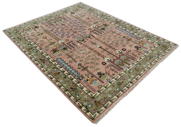 Premium Hand-Knotted Oushak Wool Rug - Muted Salmon Pink & Sage Green Tree of Life Carpet - Custom Size Traditional Area Rug for Living Room, Bedroom & Nursery