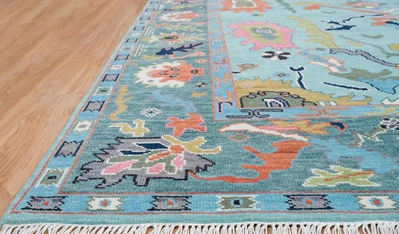 Premium Hand-Knotted Oushak Wool Rug - Turquoise Blue & Terracotta Orange Turkish Style Carpet - Custom Size Area Rug for Living Room, Bedroom & Dining Space