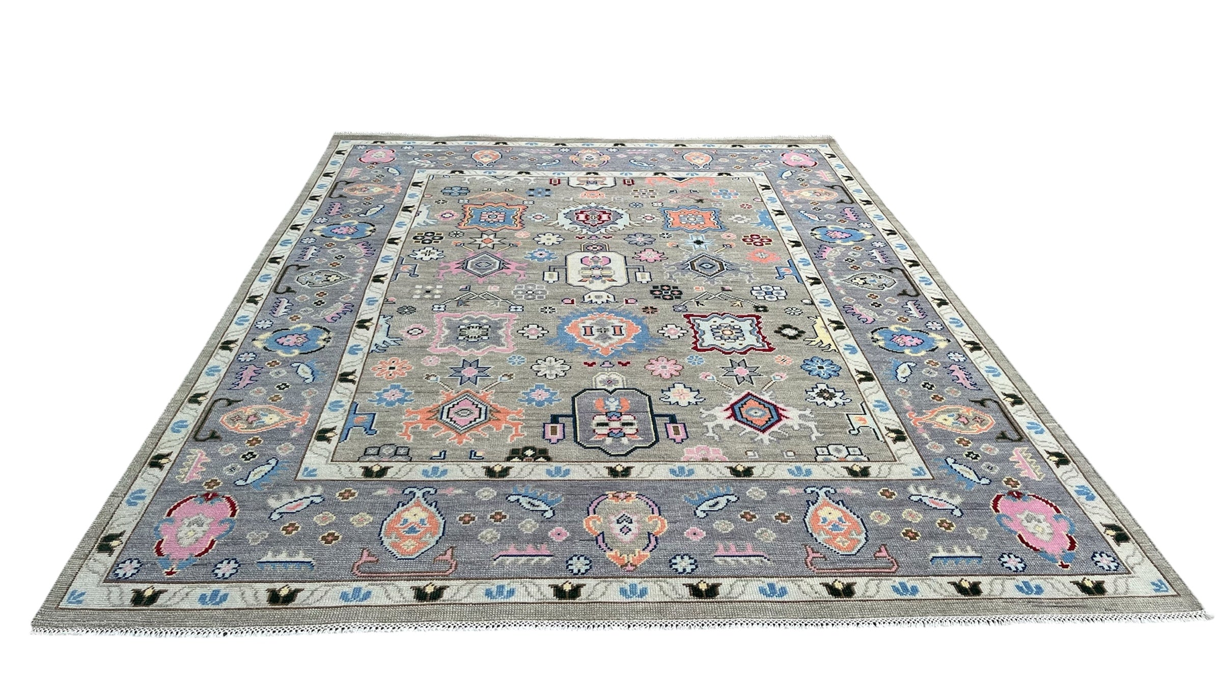 Premium Hand-Knotted Oushak Wool Rug - Muted Slate Blue Pastel Floral Carpet