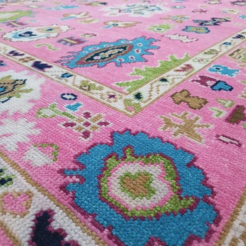 Premium Hand-Knotted Oushak Wool Rug - Fuchsia Pink & Multi-Color Turkish Style Carpet - Custom Size Area Rug for Living Room, Bedroom & Kids Room