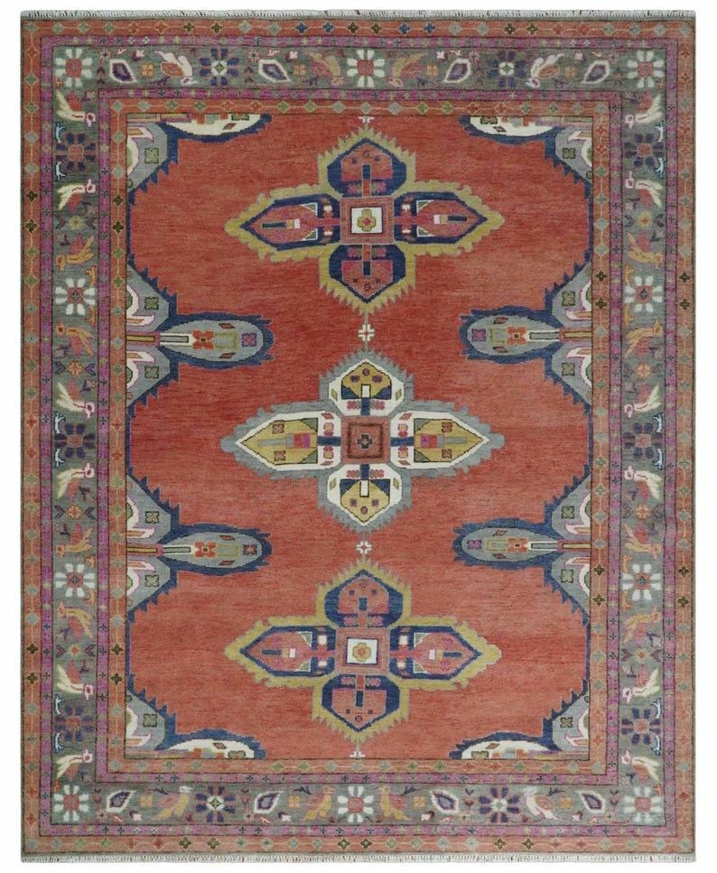 Premium Hand-Knotted Oushak Wool Rug - Rust Red & Navy Blue Geometric Tribal Carpet - Custom Size Area Rug for Living Room, Dining Room & Study
