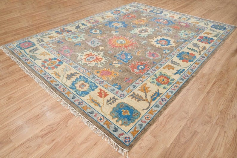Premium Hand-Knotted Oushak Wool Rug - Vibrant Multi-Color Floral Turkish Carpet
