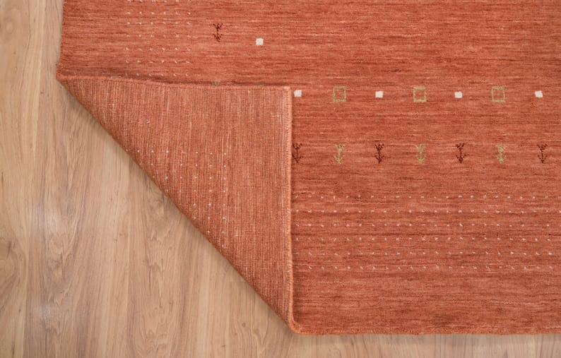 Premium Hand-Knotted Gabbeh Wool Rug - Minimalist Rust Orange Turkish Carpet