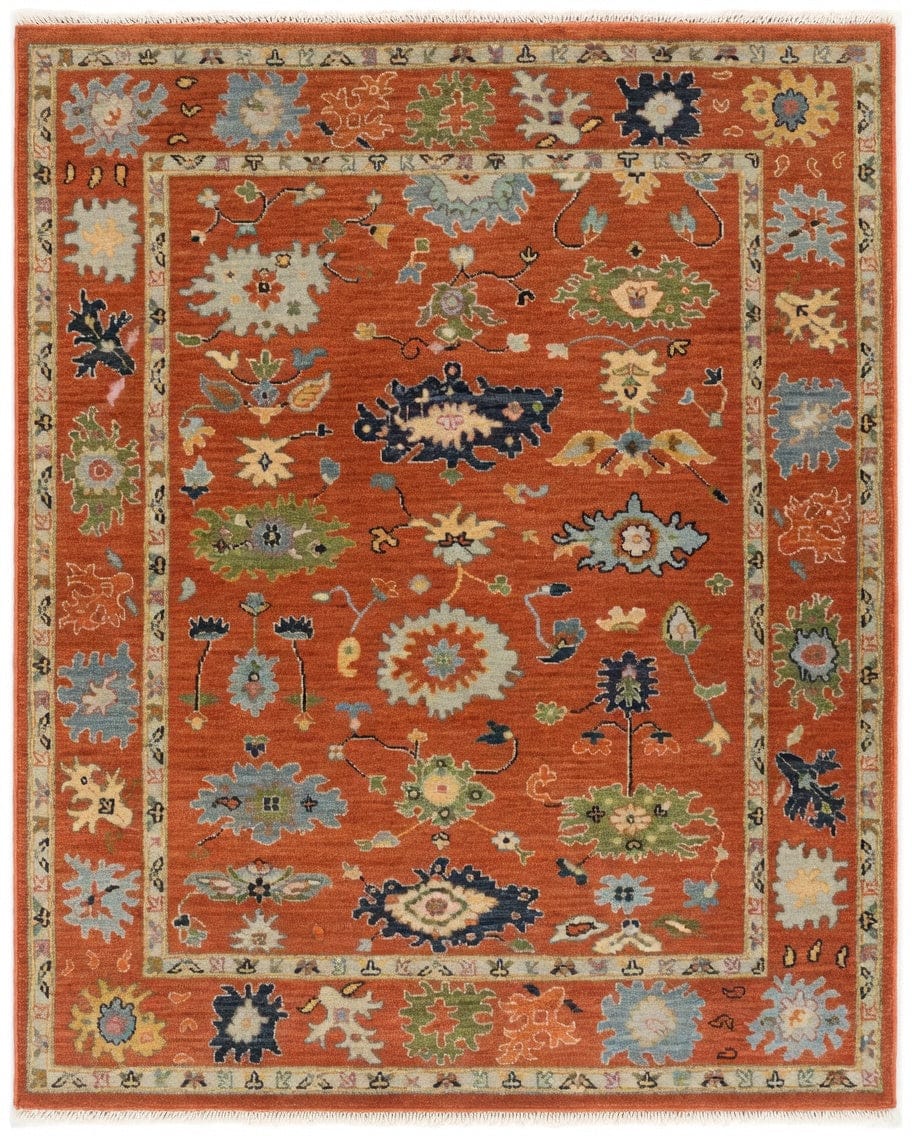 Premium Hand-Knotted Oushak Wool Rug - Terracotta Rust Orange Multi Floral Carpet