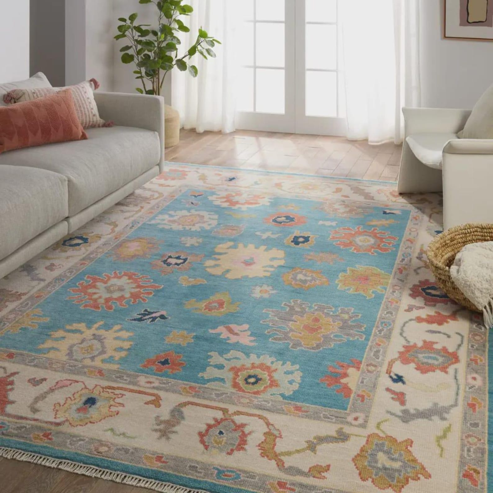 Premium Hand-Knotted Oushak Wool Rug - Vibrant Light Blue Terracotta Floral Carpet