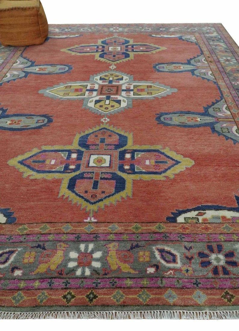 Premium Hand-Knotted Oushak Wool Rug - Rust Red & Navy Blue Geometric Tribal Carpet - Custom Size Area Rug for Living Room, Dining Room & Study