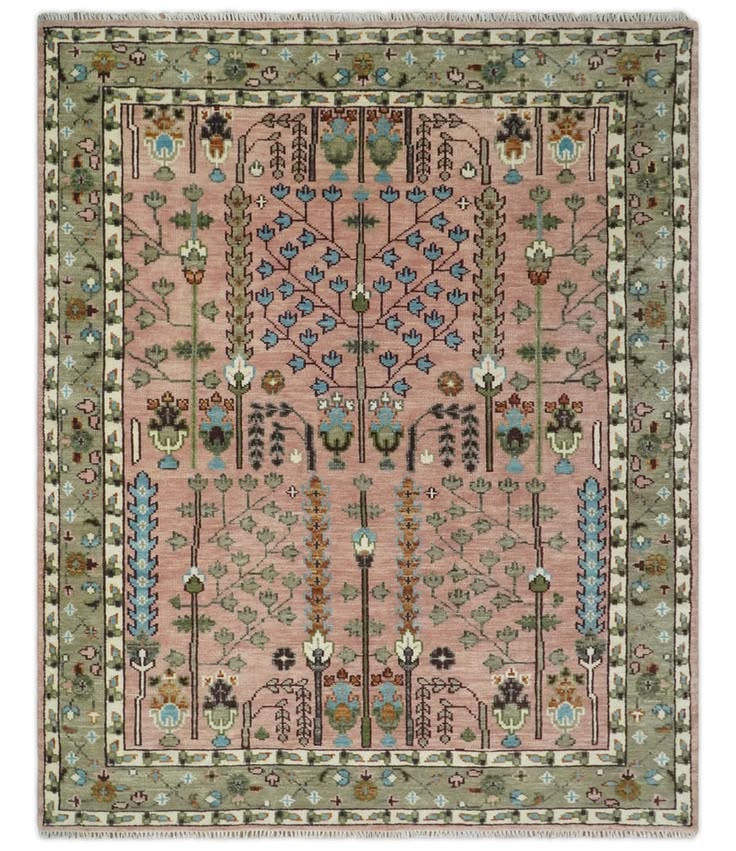 Premium Hand-Knotted Oushak Wool Rug - Muted Salmon Pink & Sage Green Tree of Life Carpet - Custom Size Traditional Area Rug for Living Room, Bedroom & Nursery