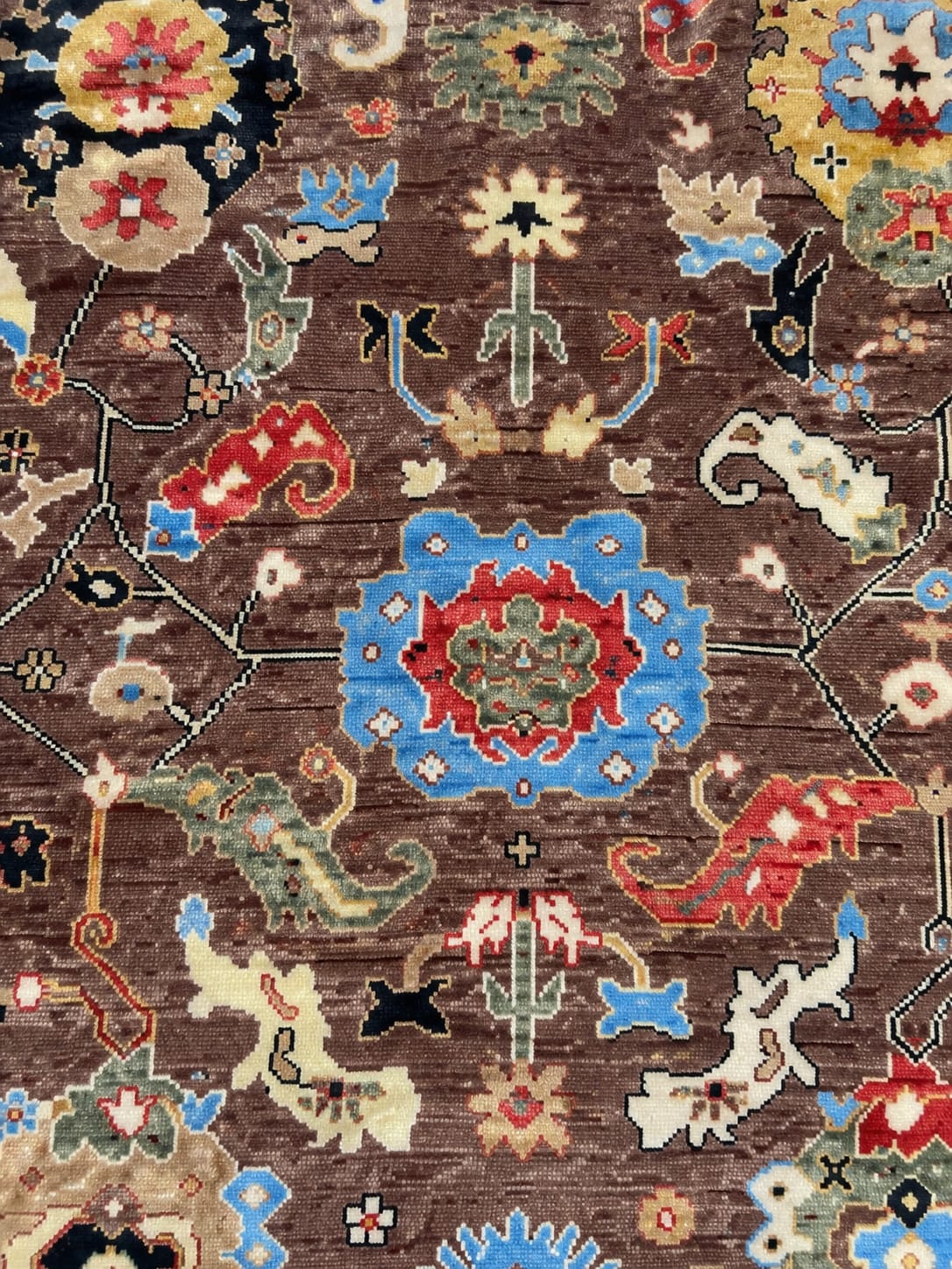 Premium Hand-Knotted Oushak Wool Rug - Taupe Brown & Sky Blue Border Turkish Carpet - Custom Size Area Rug for Living Room, Bedroom & Dining Room