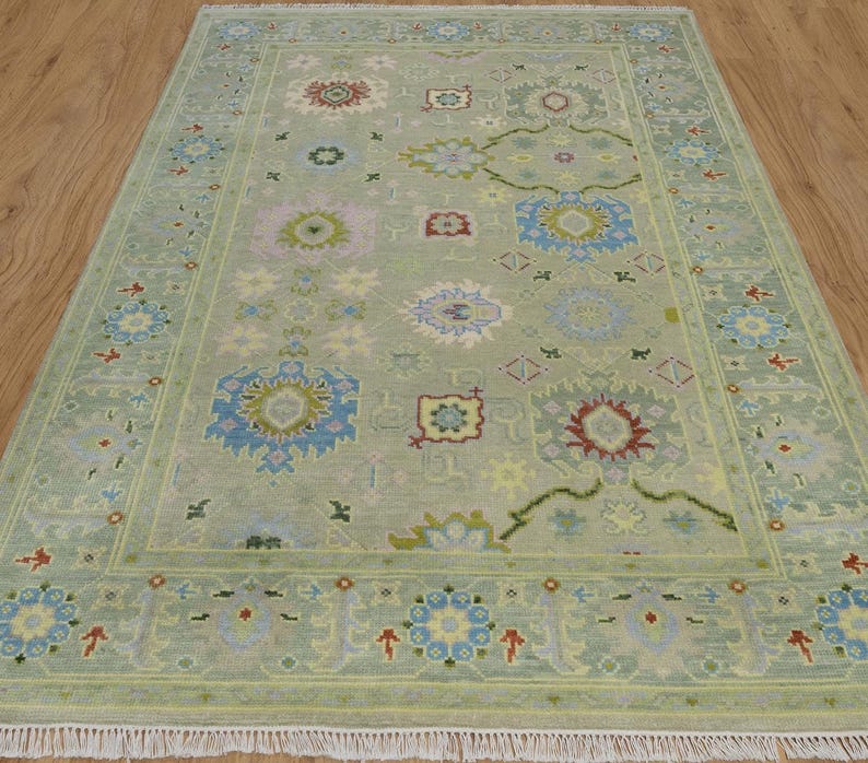 Premium Hand-Knotted Oushak Wool Rug - Muted Sage Green & Lavender Pastel Turkish Style Carpet - Custom Size Area Rug for Living Room, Bedroom & Nursery