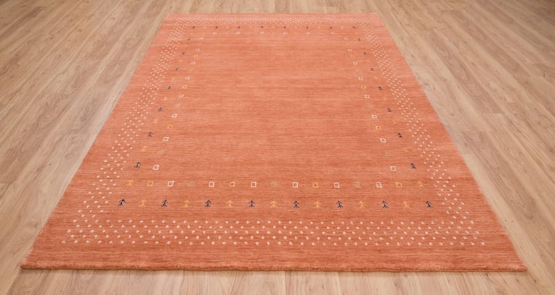 Premium Hand-Knotted Gabbeh Wool Rug - Minimalist Terracotta Rust Orange Striped Carpet