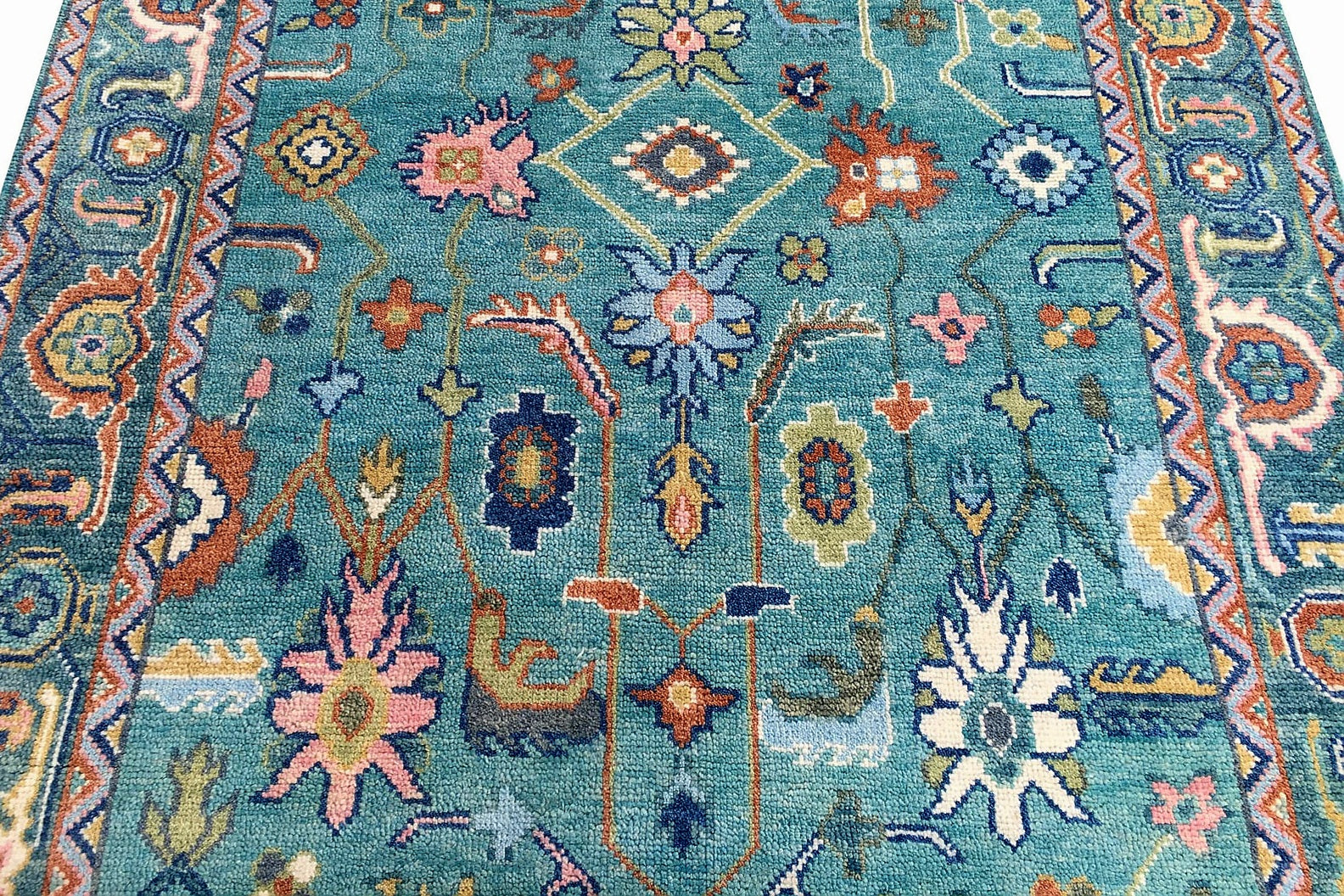 Premium Hand-Knotted Oushak Wool Rug - Vibrant Teal Blue & Terracotta Turkish Style Carpet - Custom Size Area Rug for Living Room, Bedroom & Dining Space