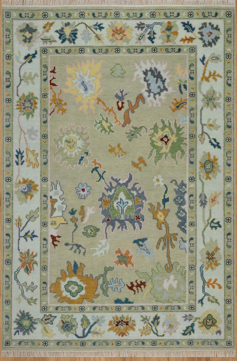 Premium Hand-Knotted Oushak Wool Rug - Vintage Sage Green Floral Medallion Carpet