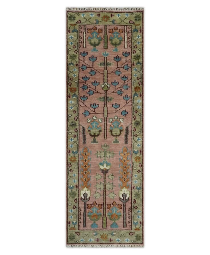 Premium Hand-Knotted Oushak Wool Rug - Muted Salmon Pink & Sage Green Tree of Life Carpet - Custom Size Traditional Area Rug for Living Room, Bedroom & Nursery