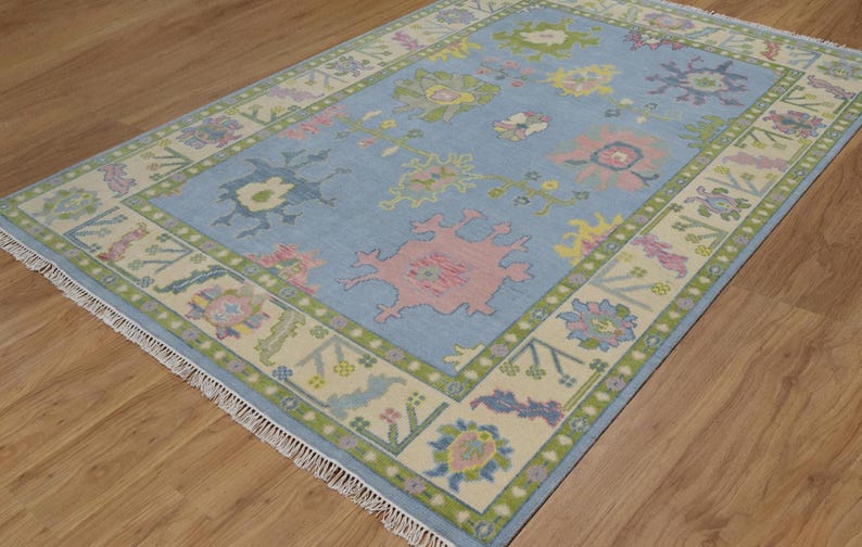Premium Hand-Knotted Oushak Wool Rug - Sky Blue & Ivory Border Pastel Turkish Carpet - Custom Size Area Rug for Living Room, Bedroom & Nursery