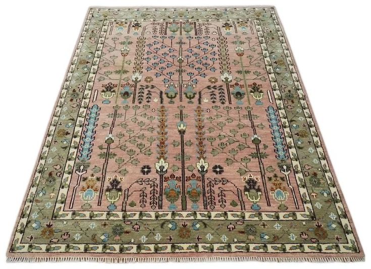 Premium Hand-Knotted Oushak Wool Rug - Muted Salmon Pink & Sage Green Tree of Life Carpet - Custom Size Traditional Area Rug for Living Room, Bedroom & Nursery