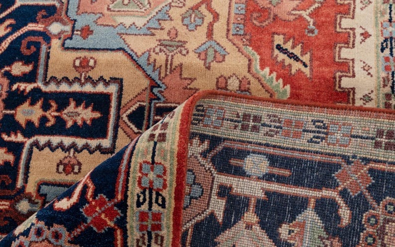 Premium Hand-Knotted Oushak Wool Rug - Terracotta Red & Navy Blue Traditional Carpet
