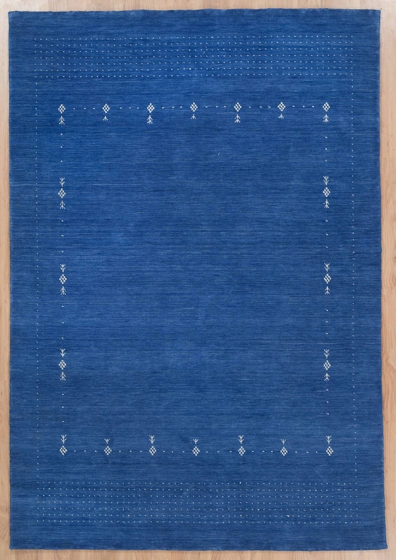 Premium Hand-Knotted Gabbeh Wool Rug - Minimalist Indigo Blue Organic Tribal Area Carpet - Custom Size Available