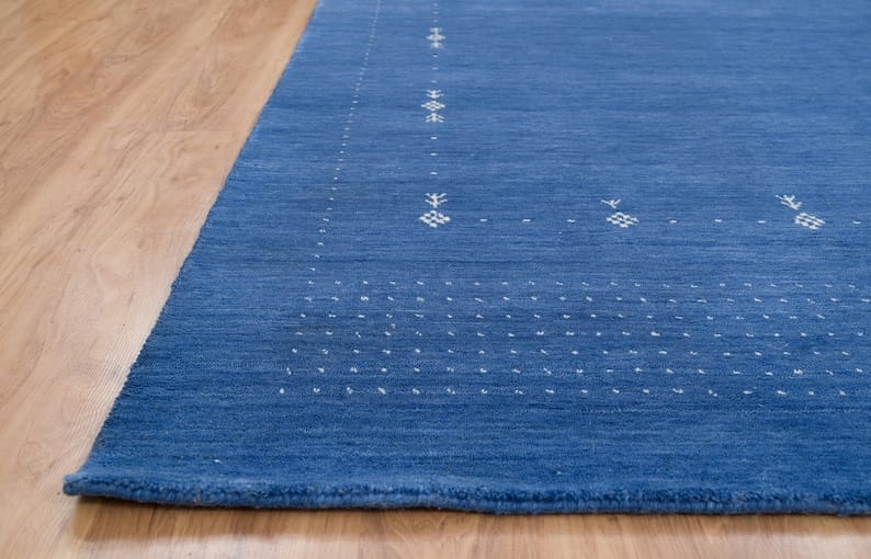 Premium Hand-Knotted Gabbeh Wool Rug - Minimalist Indigo Blue Organic Tribal Area Carpet - Custom Size Available