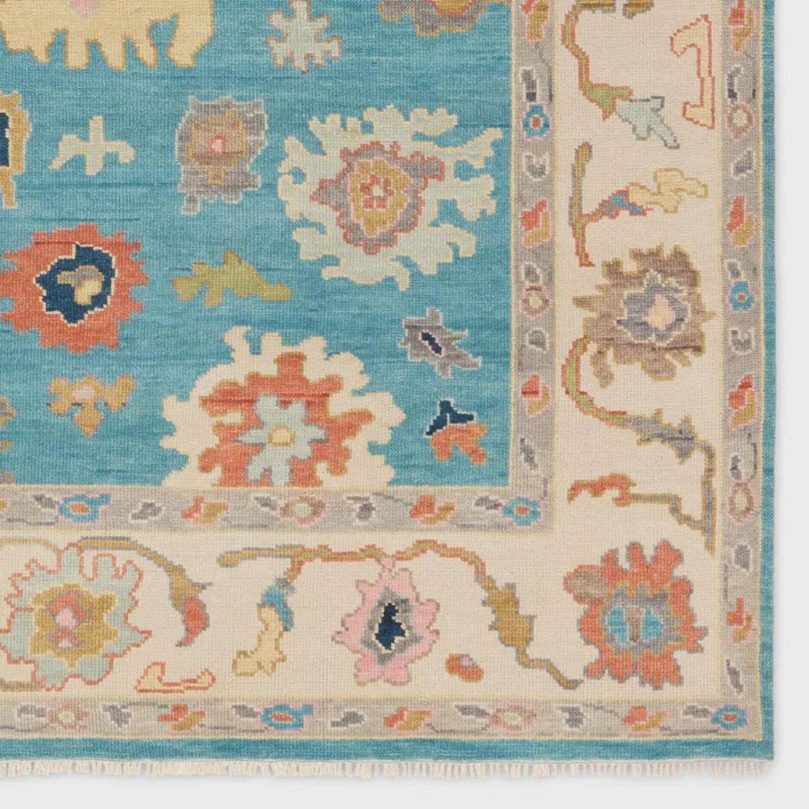 Premium Hand-Knotted Oushak Wool Rug - Vibrant Light Blue Terracotta Floral Carpet