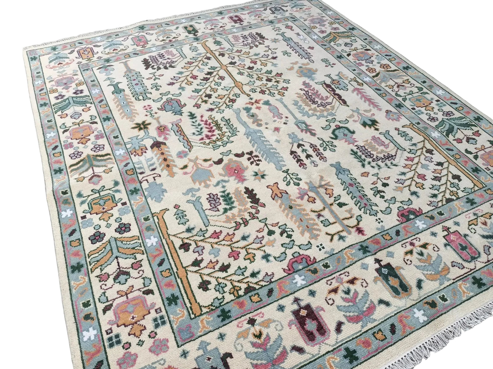 Premium Hand-Knotted Oushak Wool Rug - Creamy Ivory & Sage Green Tree of Life Carpet - Custom Size Traditional Area Rug for Living Room, Bedroom & Dining Space