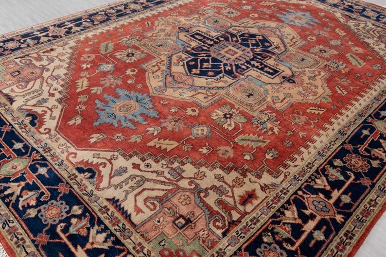 Premium Hand-Knotted Oushak Wool Rug - Terracotta Red & Navy Blue Traditional Carpet