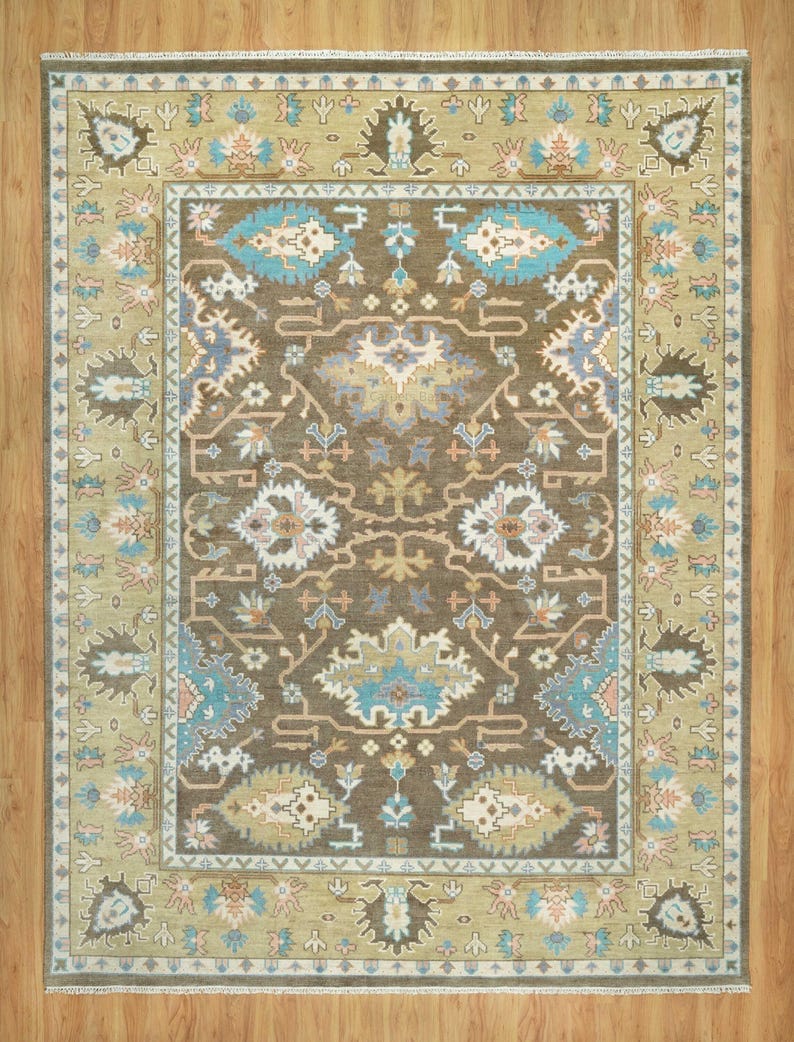 Premium Hand-Knotted Oushak Wool Rug - Classic Brown Tan Floral Area Carpet
