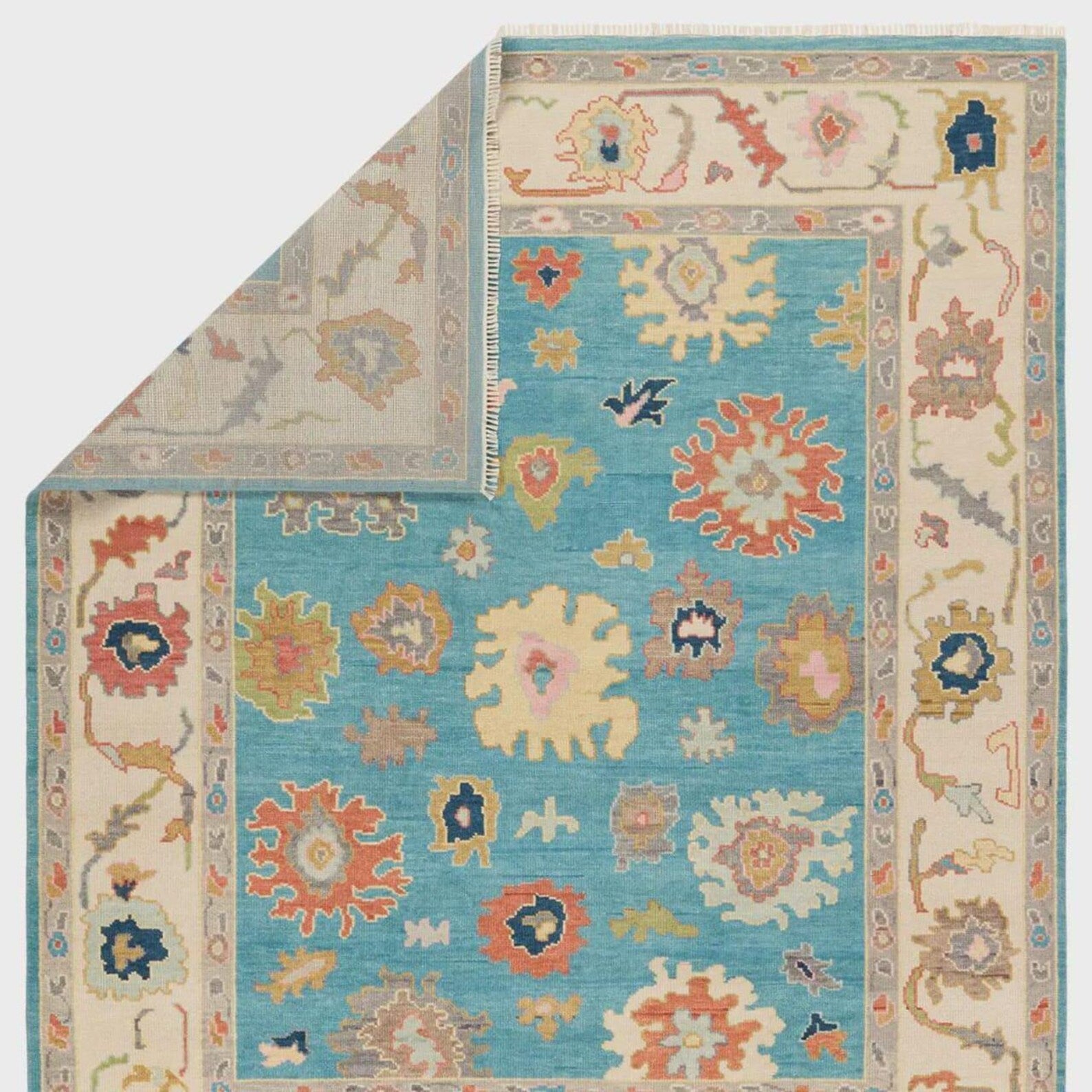 Premium Hand-Knotted Oushak Wool Rug - Vibrant Light Blue Terracotta Floral Carpet