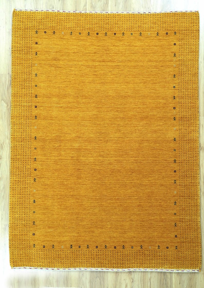 Premium Hand-Knotted Gabbeh Wool Rug - Solid Minimalist Mustard Golden Yellow Carpet
