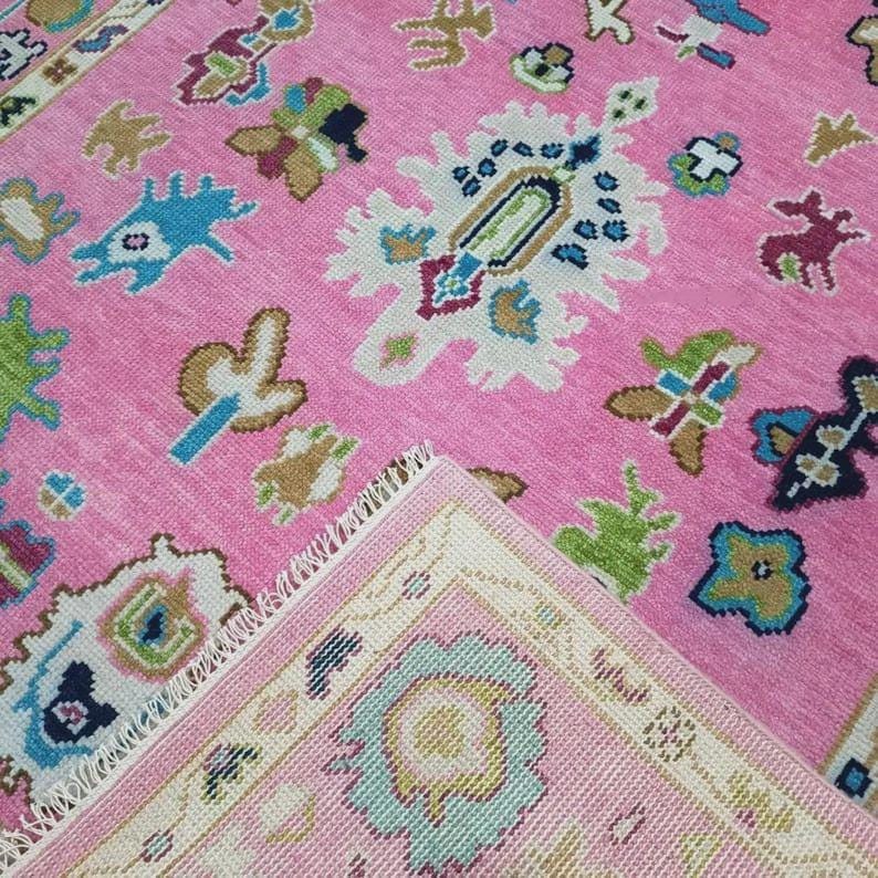 Premium Hand-Knotted Oushak Wool Rug - Fuchsia Pink & Multi-Color Turkish Style Carpet - Custom Size Area Rug for Living Room, Bedroom & Kids Room