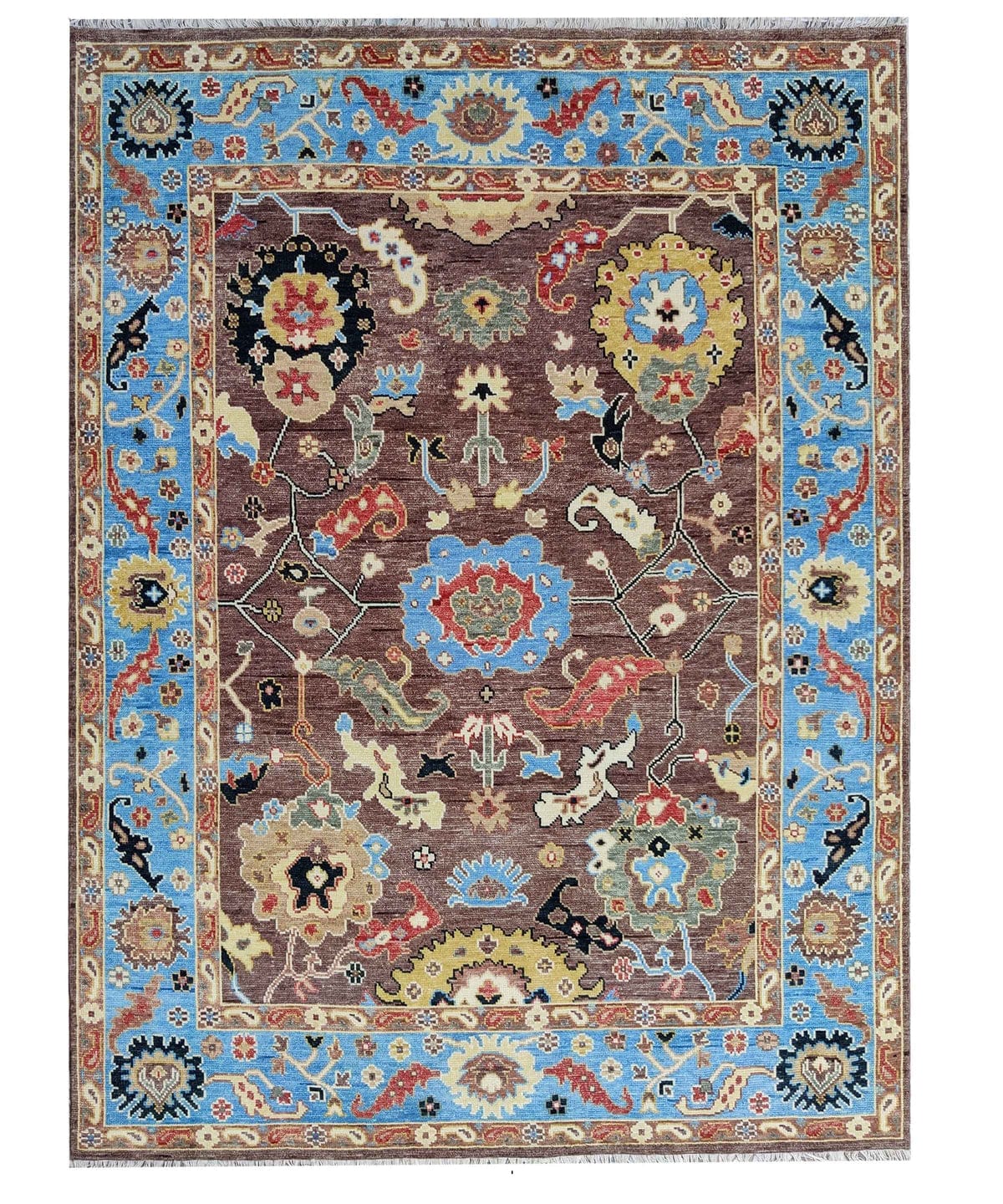Premium Hand-Knotted Oushak Wool Rug - Taupe Brown & Sky Blue Border Turkish Carpet - Custom Size Area Rug for Living Room, Bedroom & Dining Room