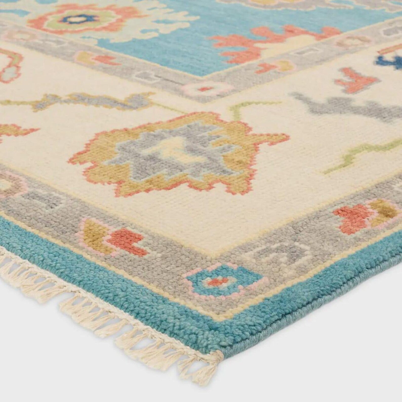 Premium Hand-Knotted Oushak Wool Rug - Vibrant Light Blue Terracotta Floral Carpet