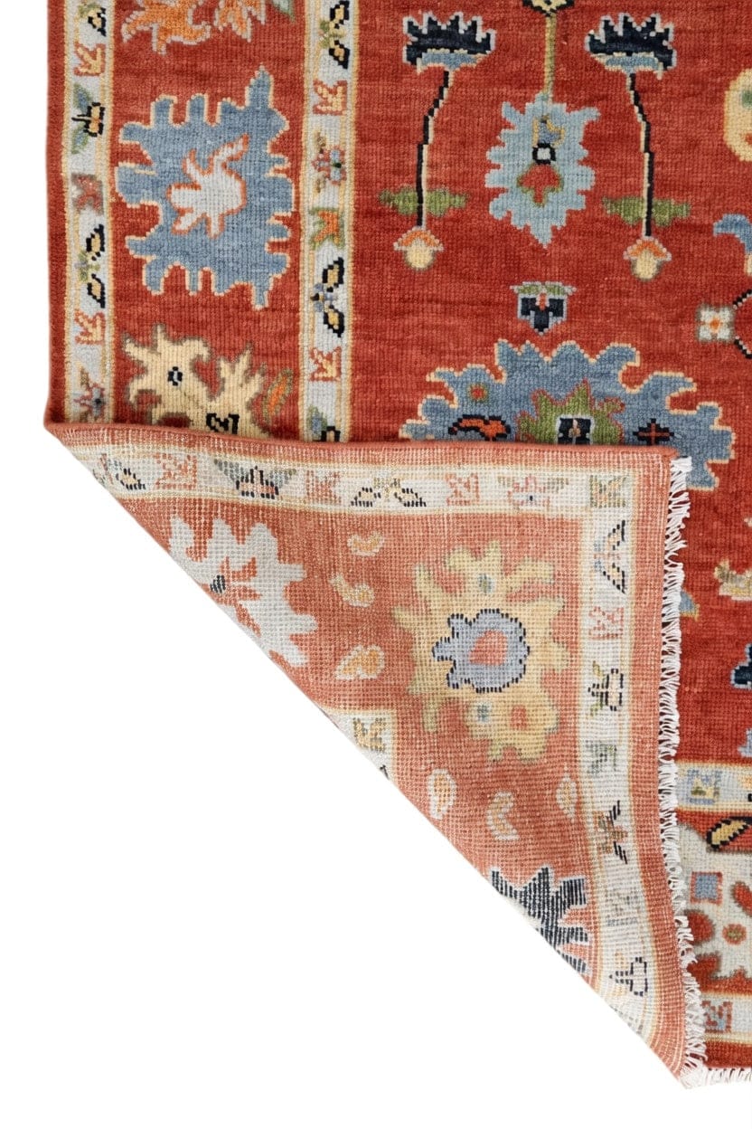 Premium Hand-Knotted Oushak Wool Rug - Terracotta Rust Orange Multi Floral Carpet