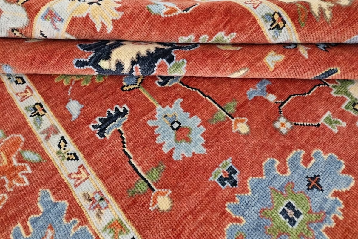 Premium Hand-Knotted Oushak Wool Rug - Terracotta Rust Orange Multi Floral Carpet