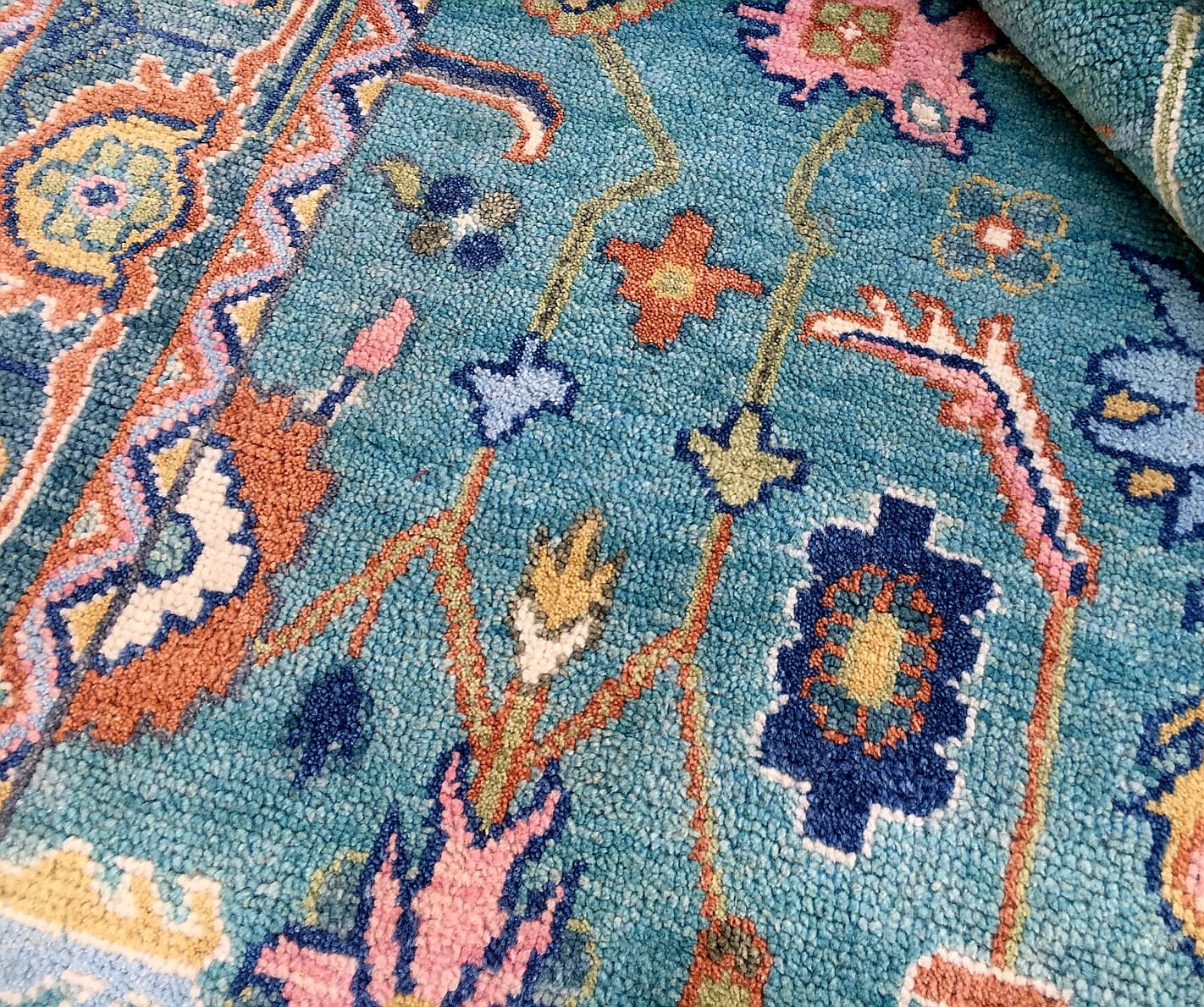 Premium Hand-Knotted Oushak Wool Rug - Vibrant Teal Blue & Terracotta Turkish Style Carpet - Custom Size Area Rug for Living Room, Bedroom & Dining Space