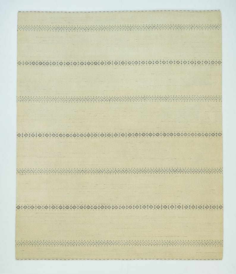 Premium Hand-Knotted Gabbeh Wool Rug - Minimalist Cream Ivory Striped Carpet
