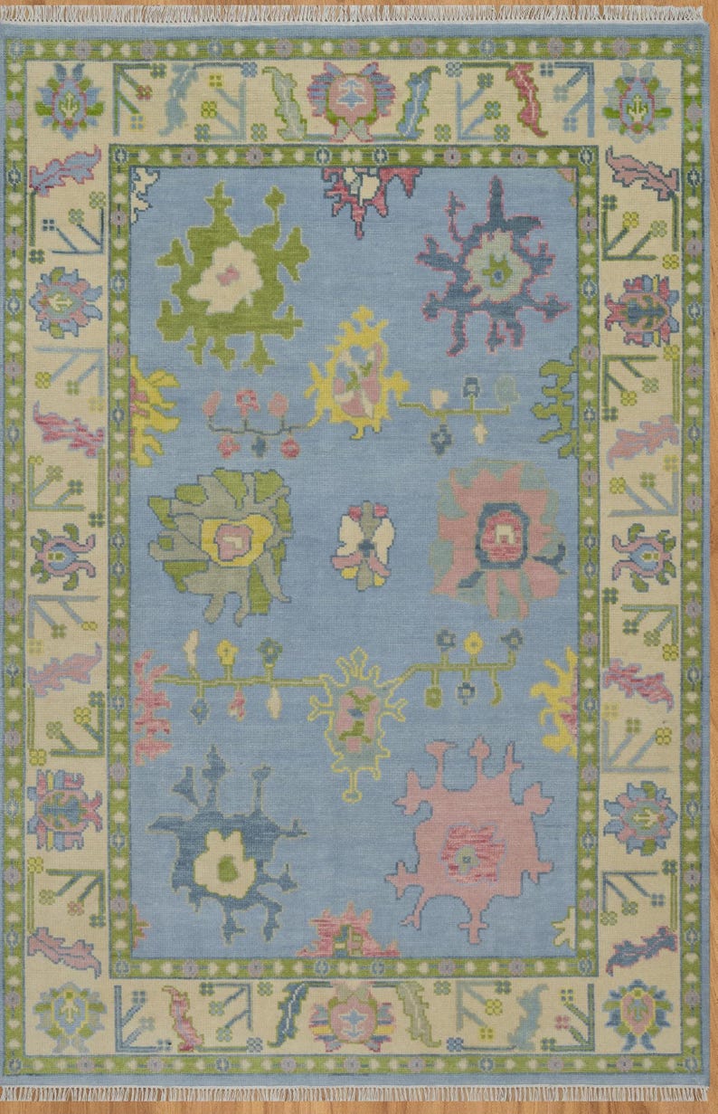 Premium Hand-Knotted Oushak Wool Rug - Sky Blue & Ivory Border Pastel Turkish Carpet - Custom Size Area Rug for Living Room, Bedroom & Nursery