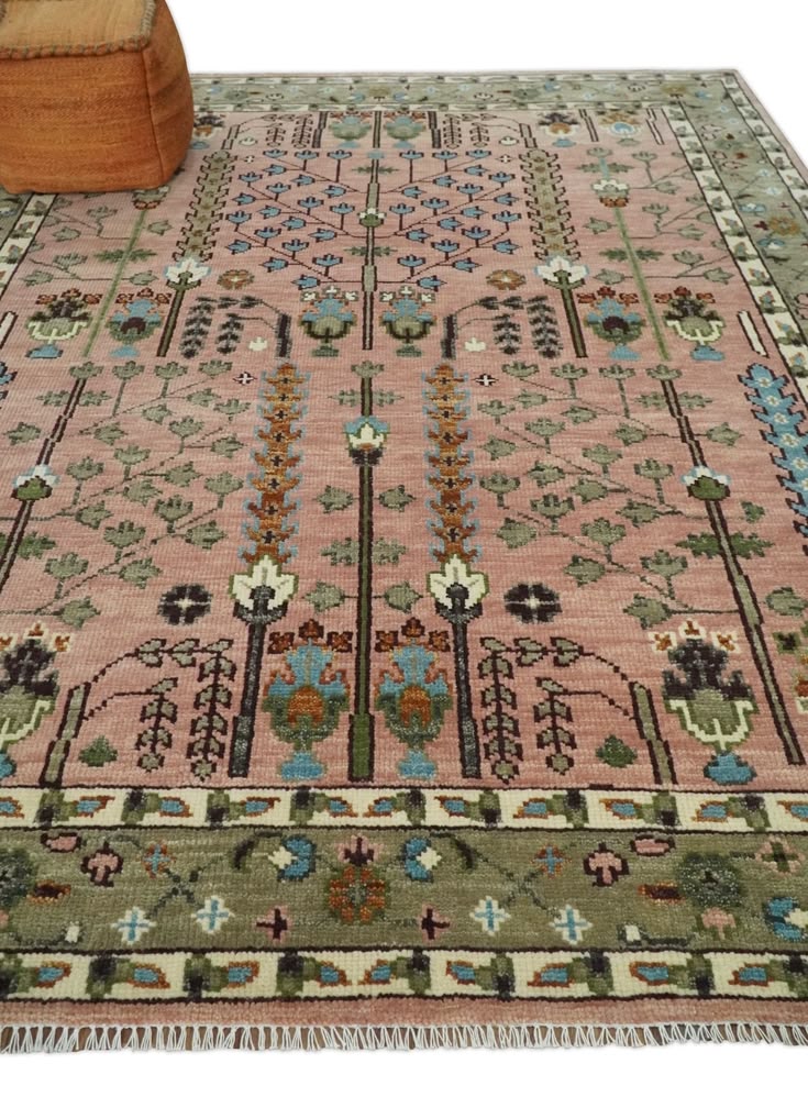 Premium Hand-Knotted Oushak Wool Rug - Muted Salmon Pink & Sage Green Tree of Life Carpet - Custom Size Traditional Area Rug for Living Room, Bedroom & Nursery