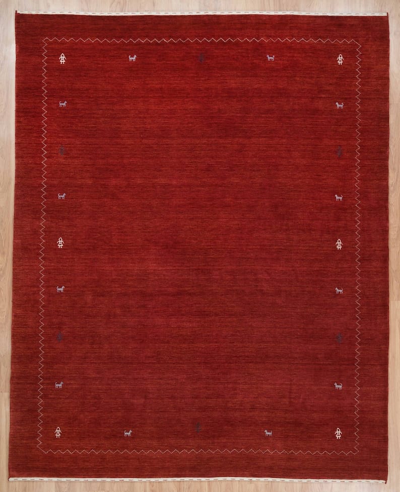 Premium Hand-Knotted Gabbeh Wool Rug - Minimalist Dark Red Maroon Geometric Carpet