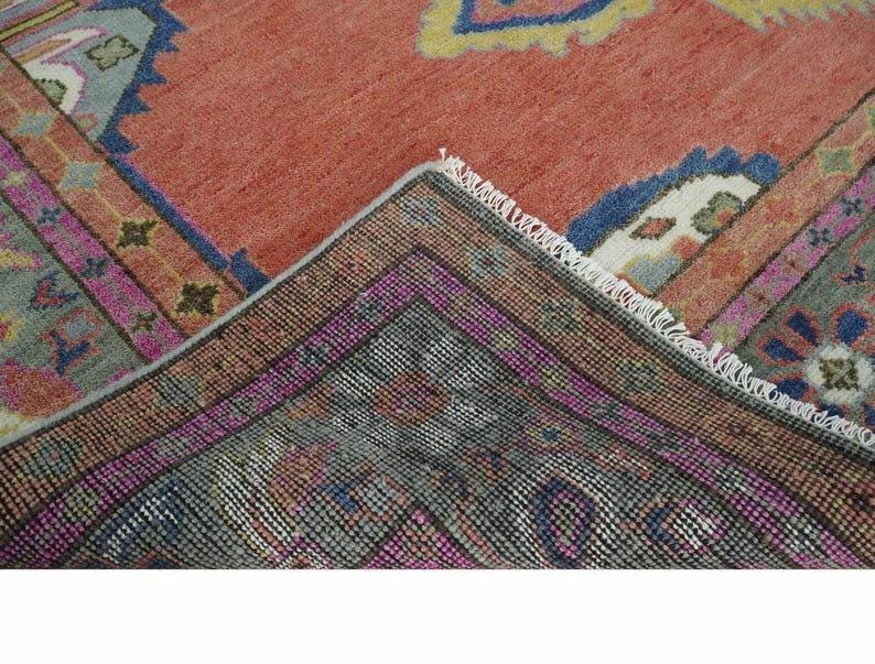 Premium Hand-Knotted Oushak Wool Rug - Rust Red & Navy Blue Geometric Tribal Carpet - Custom Size Area Rug for Living Room, Dining Room & Study