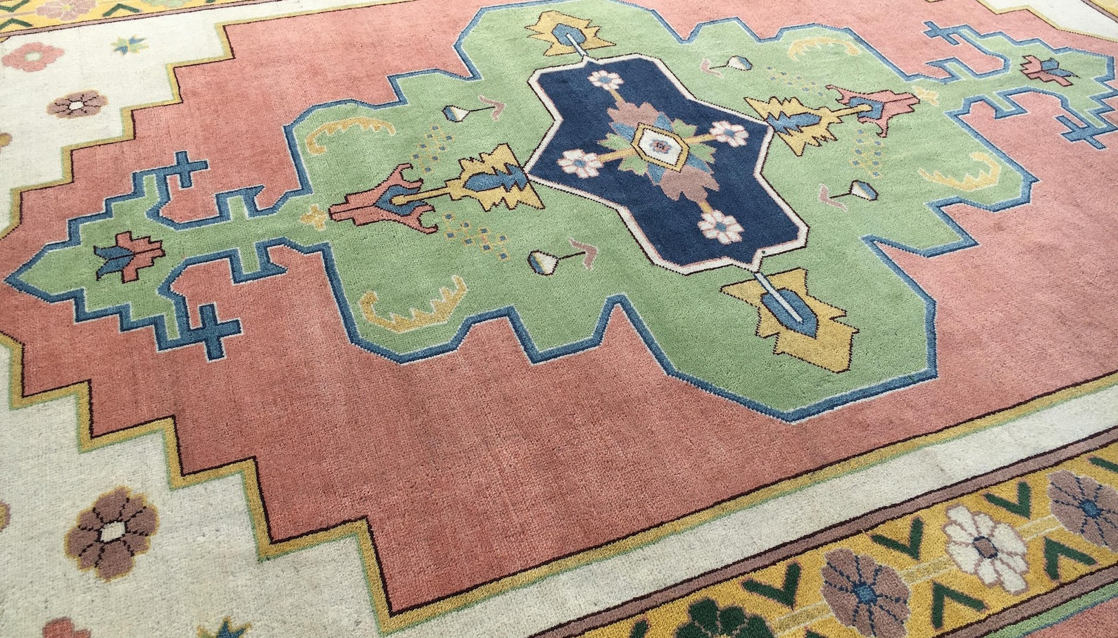 Premium Hand-Knotted Oushak Wool Rug - Vibrant Teal Blue & Terracotta Turkish Style Carpet - Custom Size Area Rug for Living Room, Bedroom & Dining Space
