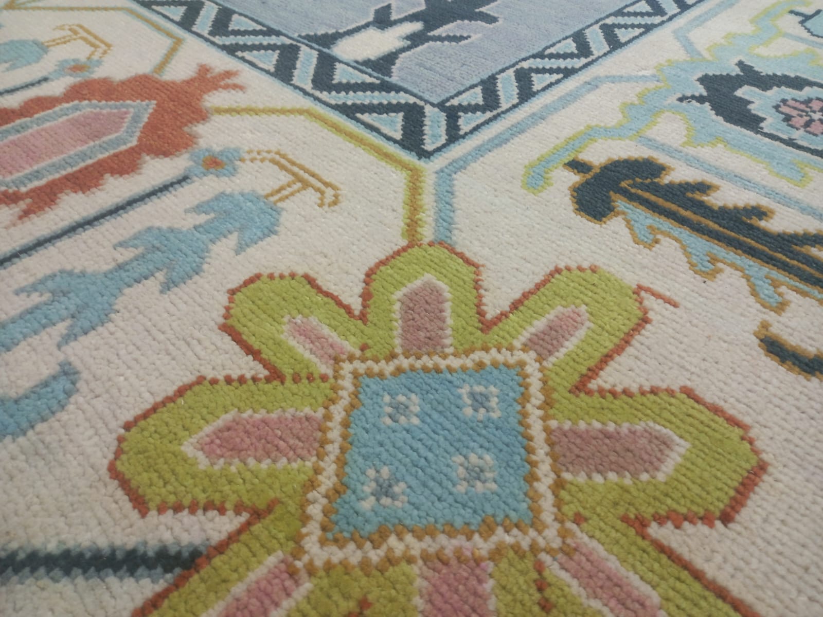 Premium Hand-Knotted Oushak Wool Rug - Slate Blue & Ivory Border Transitional Carpet - Custom Size Area Rug for Living Room, Bedroom & Dining Space