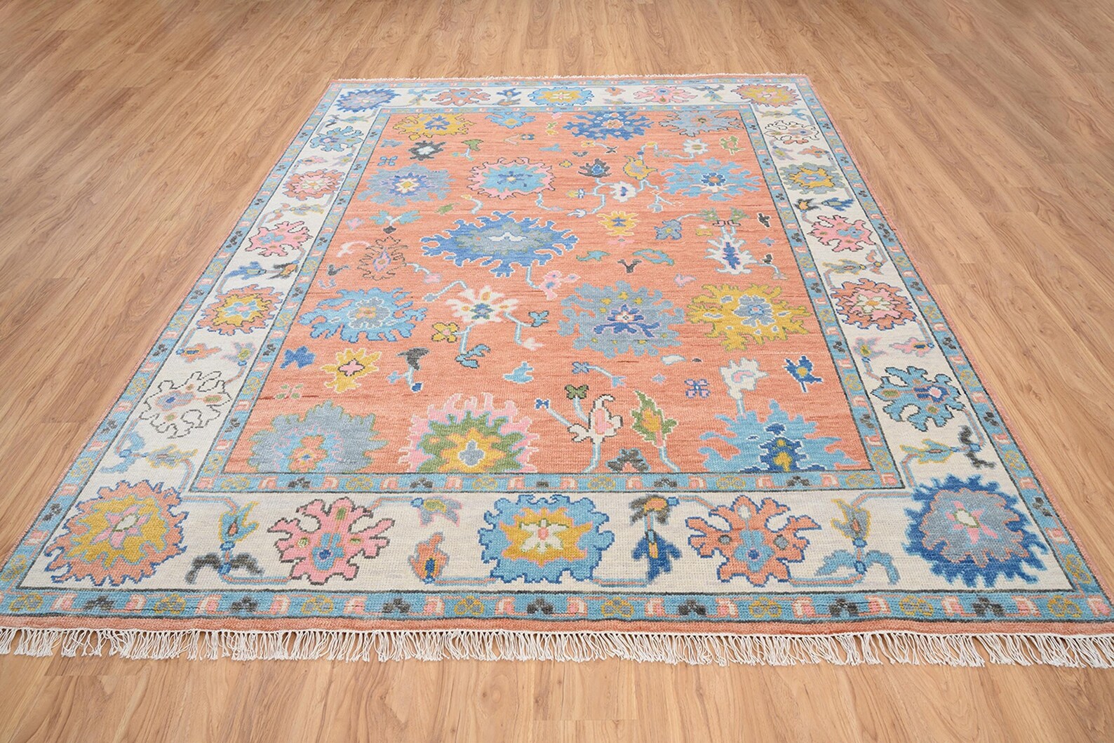Premium Hand-Knotted Oushak Wool Rug - Vibrant Terracotta Orange Coral Floral Carpet