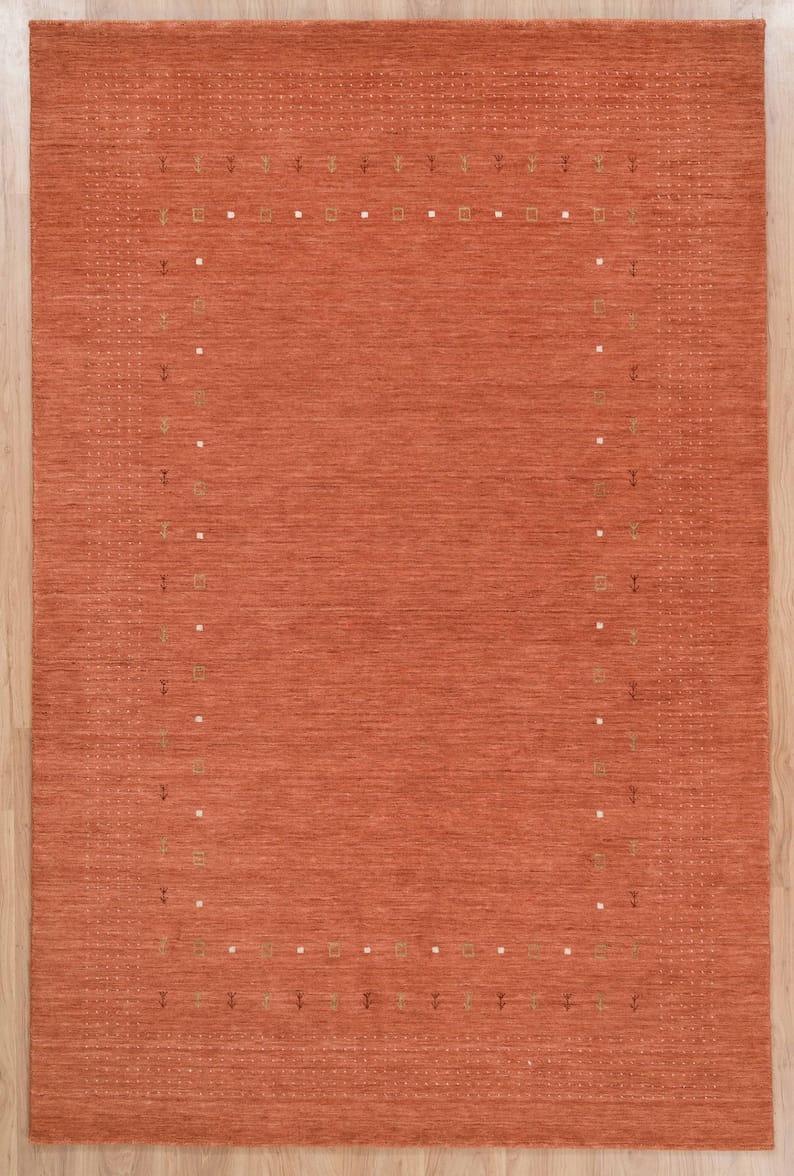 Premium Hand-Knotted Gabbeh Wool Rug - Minimalist Rust Orange Turkish Carpet