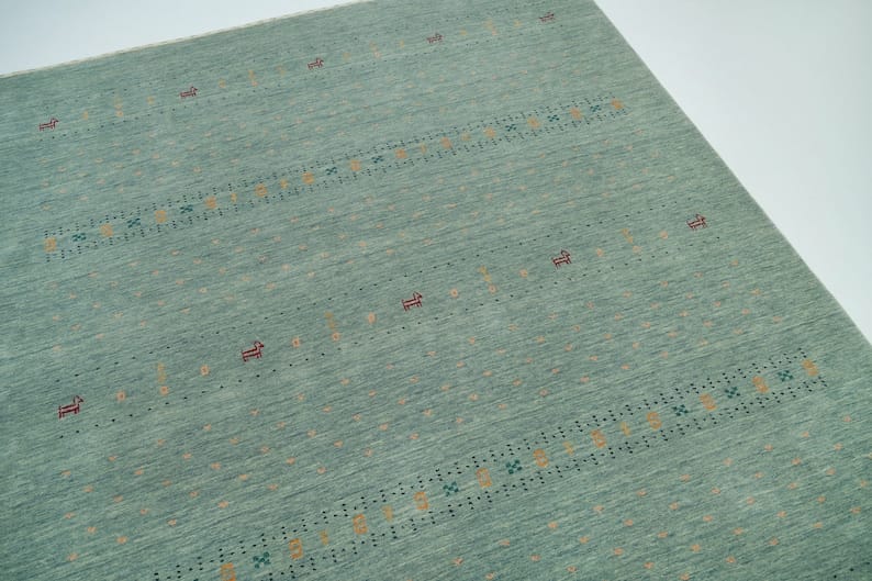 Premium Hand-Knotted Oushak Wool Rug - Minimalist Sage Green Seafoam Textured Carpet