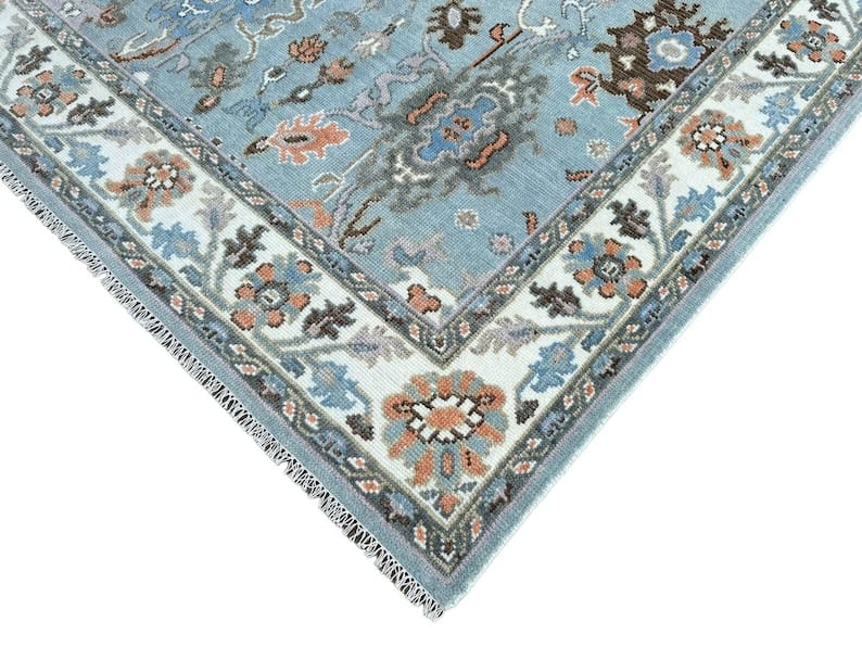 Premium Hand-Knotted Oushak Wool Rug - Steel Blue & Ivory Border Turkish Style Carpet - Custom Size Area Rug for Living Room, Bedroom & Dining Space